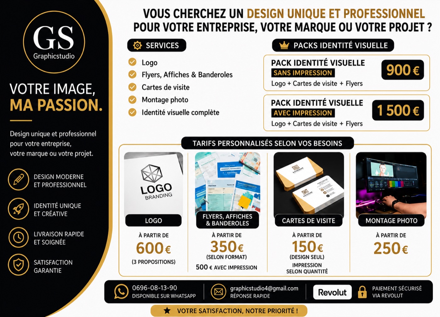Flyer promotionnel GS Graphicstudio présentant les services et les tarifs